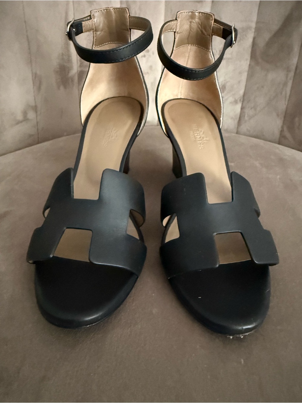 Hermes Oasis  Black Leather Cutout Ankle-Strap Sandals